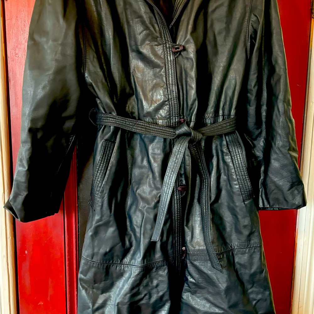 Vintage navy leather belted long atypical trench style coat